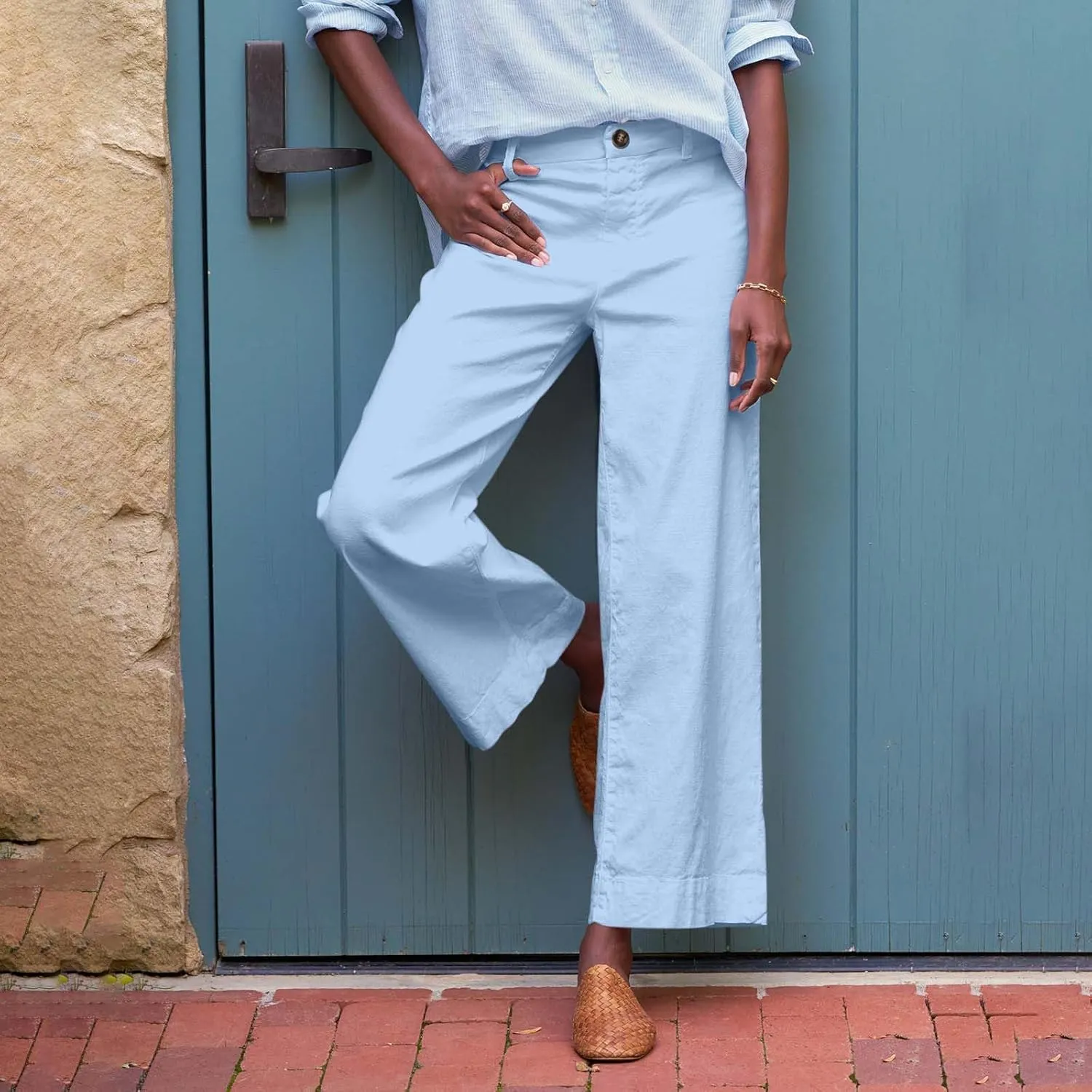 Wide Leg Linen Pants Women Cropped Elastic High Waisted Dress Pants Business Casual Comfy Work Pants with Pockets