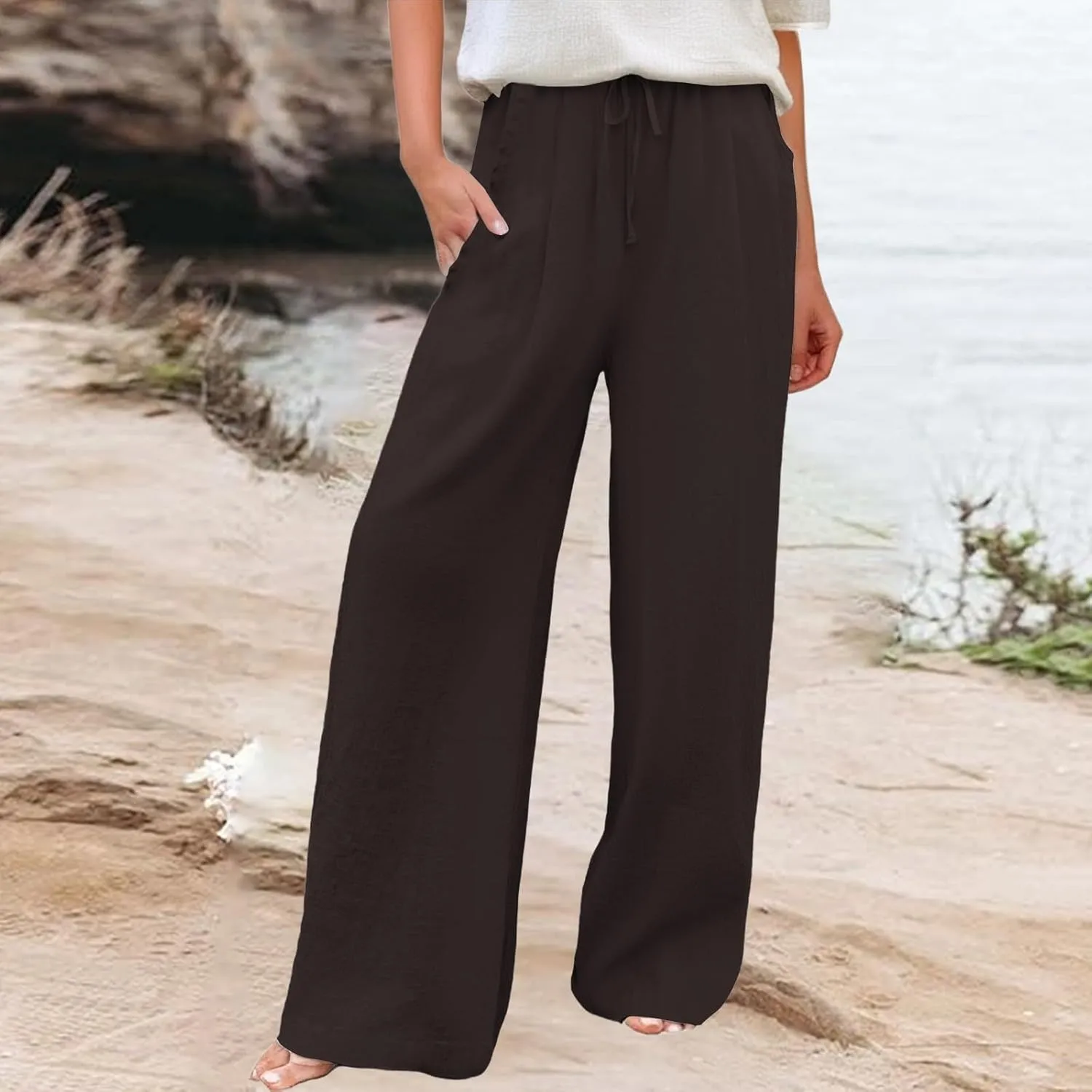 Wide Leg Palazzo Pants for Women Cotton Linen Summer Beach Vacation Trousers Dressy Loose Casual Sports Lounge Pants