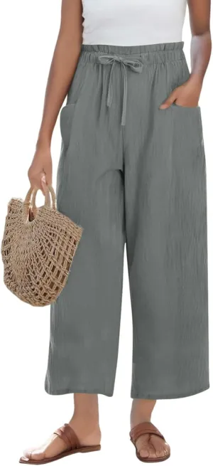 Wide Leg Pants for Women Linen Cotton Lightweight High Waisted Palazzo Pant Casual Loose Comfy Summer Beach Trousers