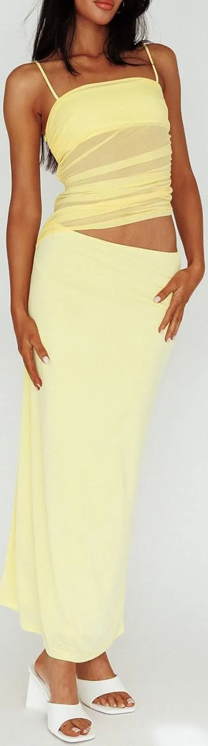 Women 2 Piece Maxi Skirt Set Spaghetti Strap Ruched Mesh Cami Top Bodycon Long Skirts Summer Beach Vacation Outfits