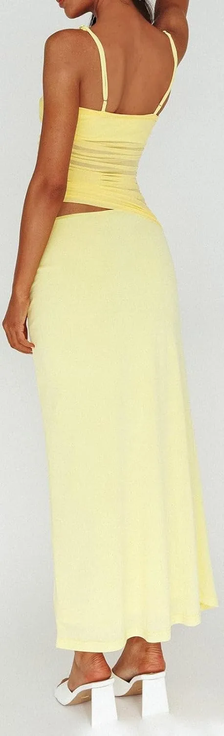 Women 2 Piece Maxi Skirt Set Spaghetti Strap Ruched Mesh Cami Top Bodycon Long Skirts Summer Beach Vacation Outfits