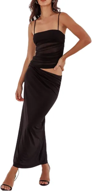 Women 2 Piece Maxi Skirt Set Spaghetti Strap Ruched Mesh Cami Top Bodycon Long Skirts Summer Beach Vacation Outfits