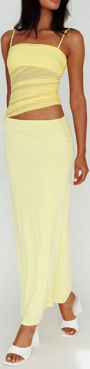 Women 2 Piece Maxi Skirt Set Spaghetti Strap Ruched Mesh Cami Top Bodycon Long Skirts Summer Beach Vacation Outfits