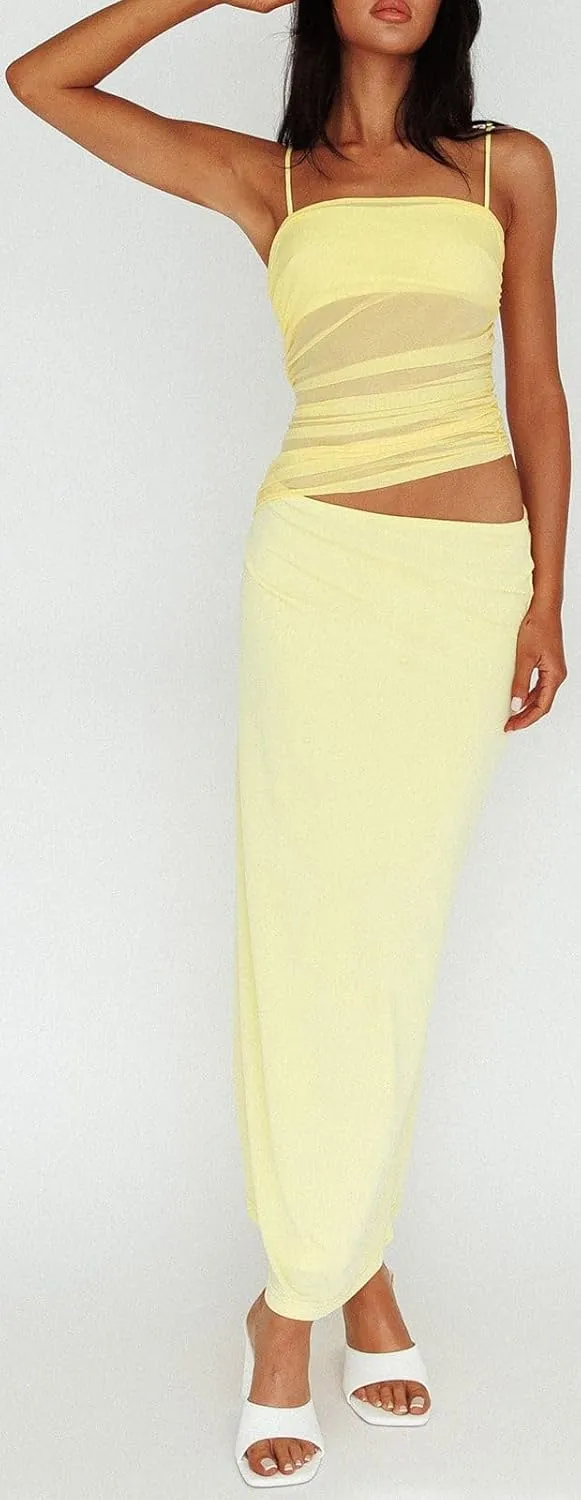 Women 2 Piece Maxi Skirt Set Spaghetti Strap Ruched Mesh Cami Top Bodycon Long Skirts Summer Beach Vacation Outfits