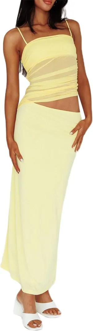 Women 2 Piece Maxi Skirt Set Spaghetti Strap Ruched Mesh Cami Top Bodycon Long Skirts Summer Beach Vacation Outfits