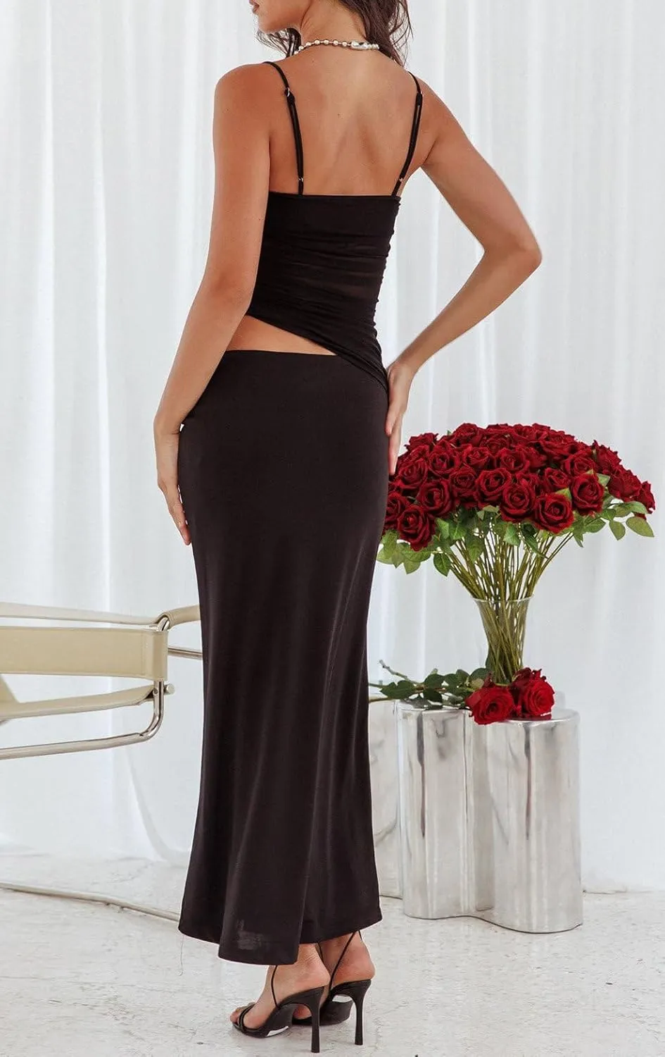 Women 2 Piece Maxi Skirt Set Spaghetti Strap Ruched Mesh Cami Top Bodycon Long Skirts Summer Beach Vacation Outfits