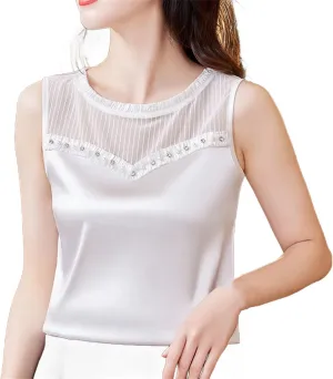 Women Beaded Tank Top Silk Satin Shirt Round Neck Sleeveless Camisole