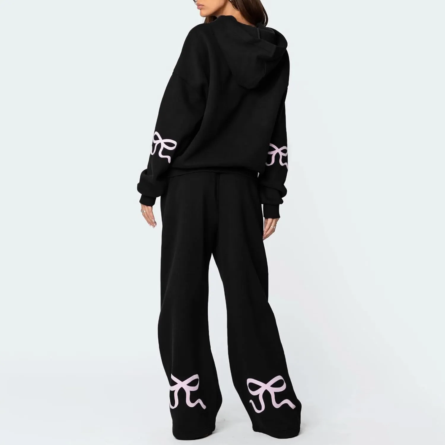 Women Bow Print Sweat Set Long Sleeve Oversized Hoodie Wide Leg Sweatpants 2 Piece Outfits Matching Tracksuit