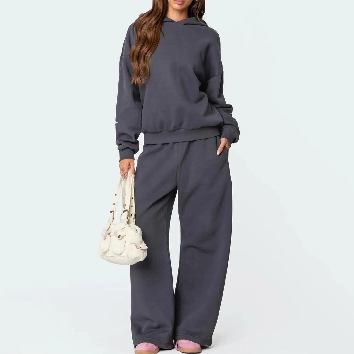 Women Bow Print Sweat Set Long Sleeve Oversized Hoodie Wide Leg Sweatpants 2 Piece Outfits Matching Tracksuit