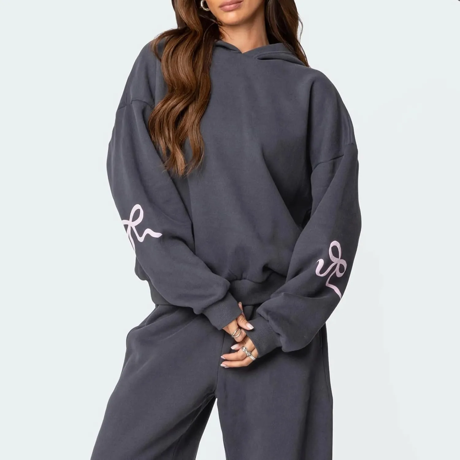 Women Bow Print Sweat Set Long Sleeve Oversized Hoodie Wide Leg Sweatpants 2 Piece Outfits Matching Tracksuit