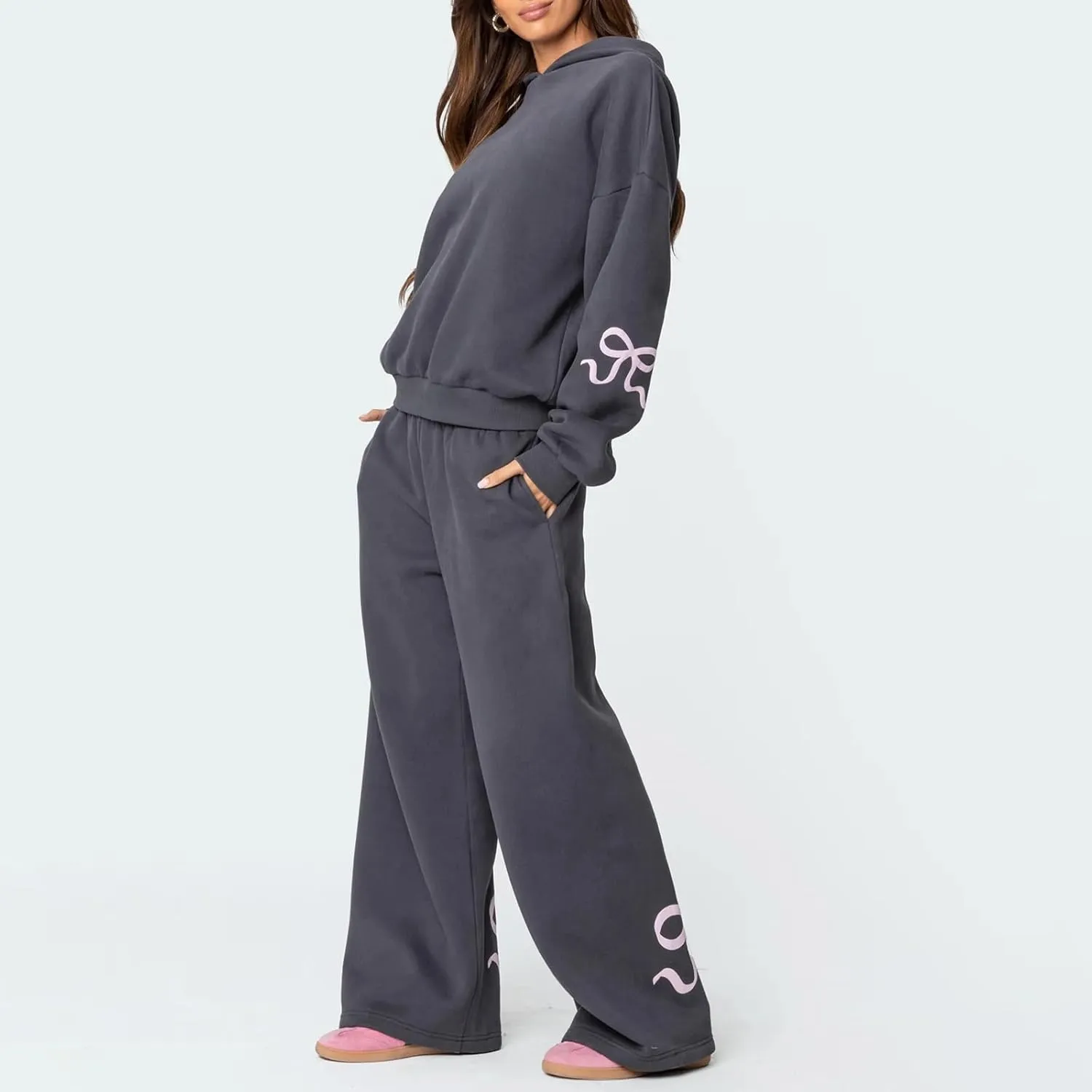 Women Bow Print Sweat Set Long Sleeve Oversized Hoodie Wide Leg Sweatpants 2 Piece Outfits Matching Tracksuit