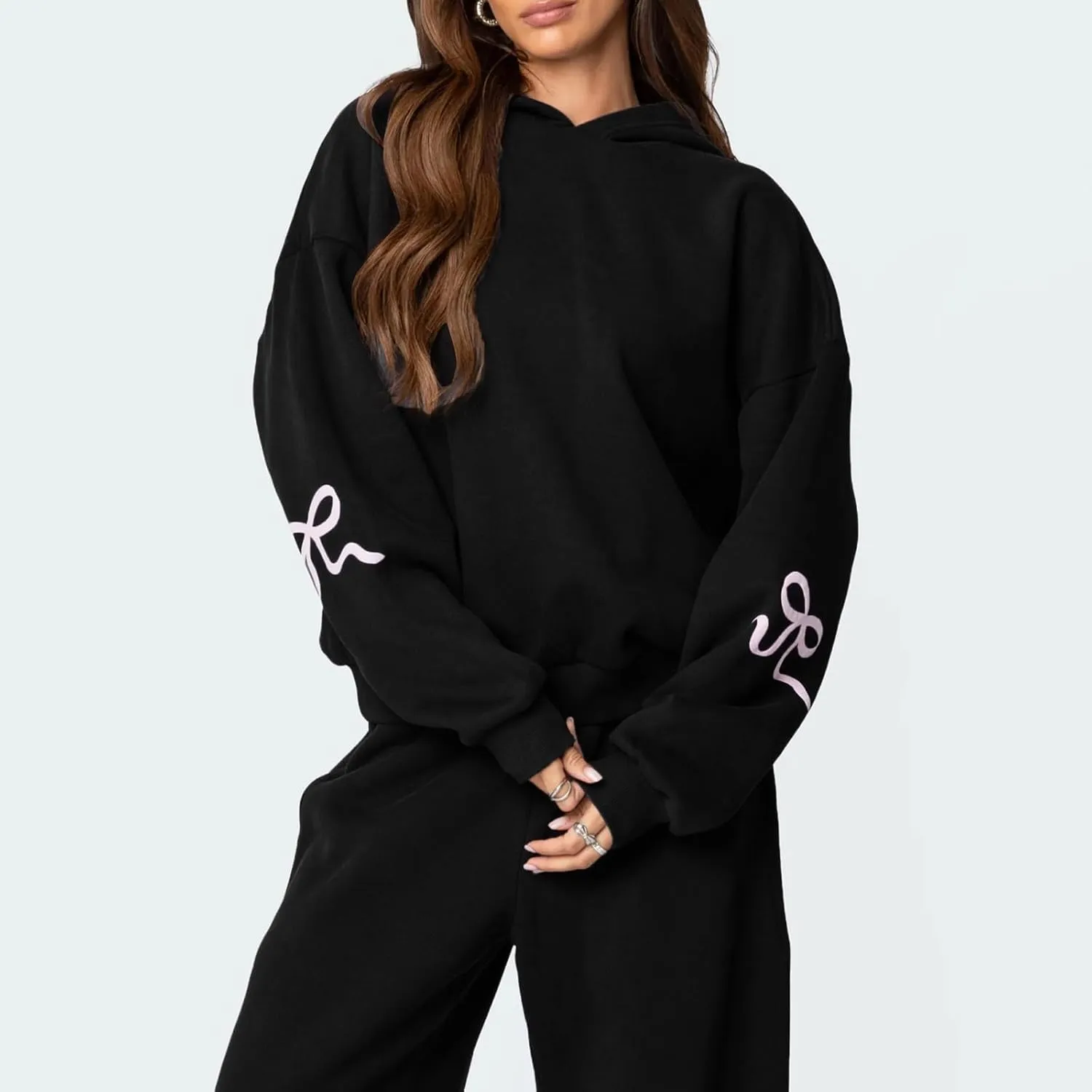 Women Bow Print Sweat Set Long Sleeve Oversized Hoodie Wide Leg Sweatpants 2 Piece Outfits Matching Tracksuit
