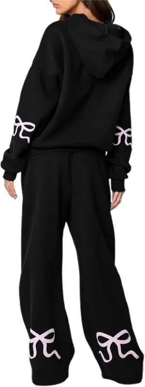 Women Bow Print Sweat Set Long Sleeve Oversized Hoodie Wide Leg Sweatpants 2 Piece Outfits Matching Tracksuit