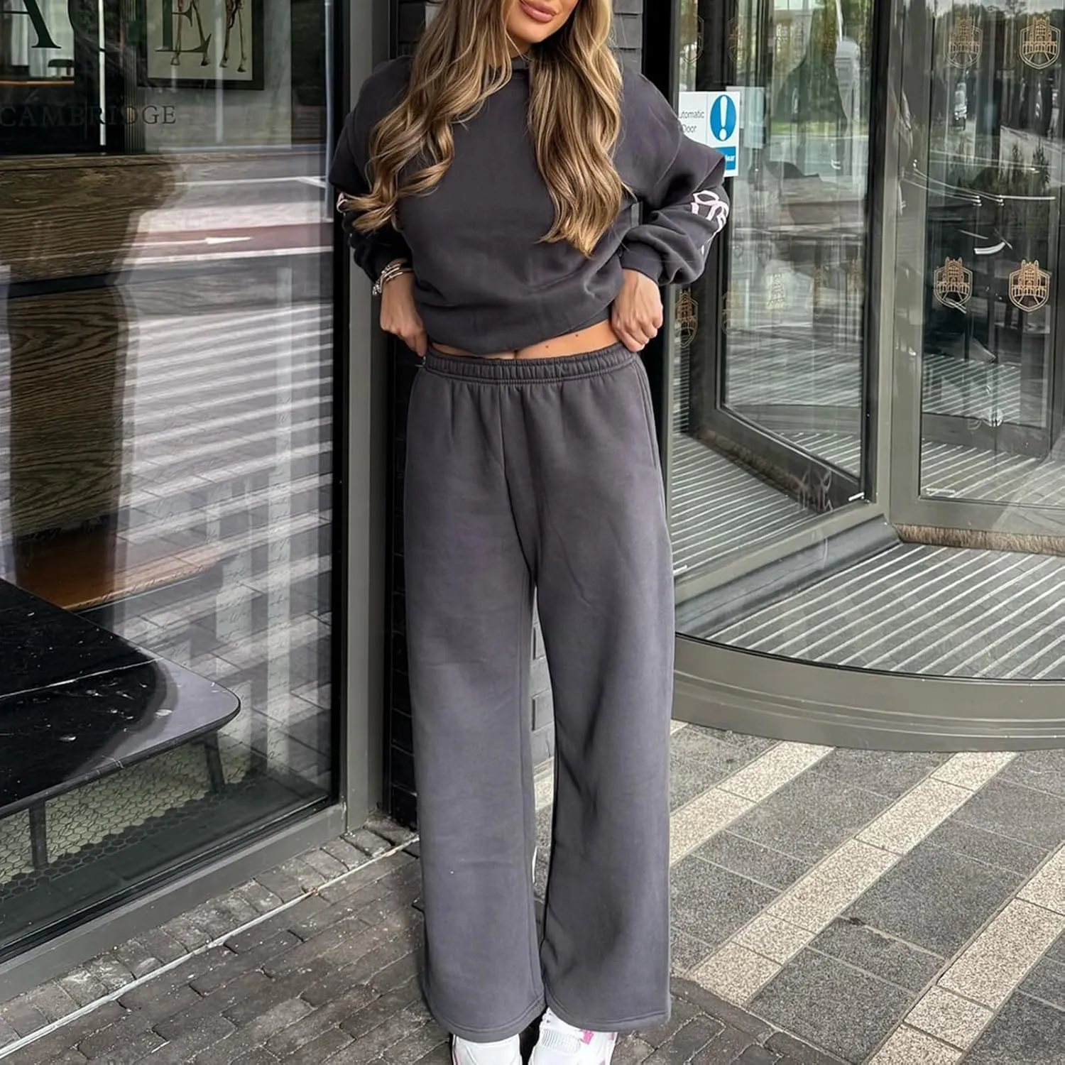 Women Bow Print Sweat Set Long Sleeve Oversized Hoodie Wide Leg Sweatpants 2 Piece Outfits Matching Tracksuit