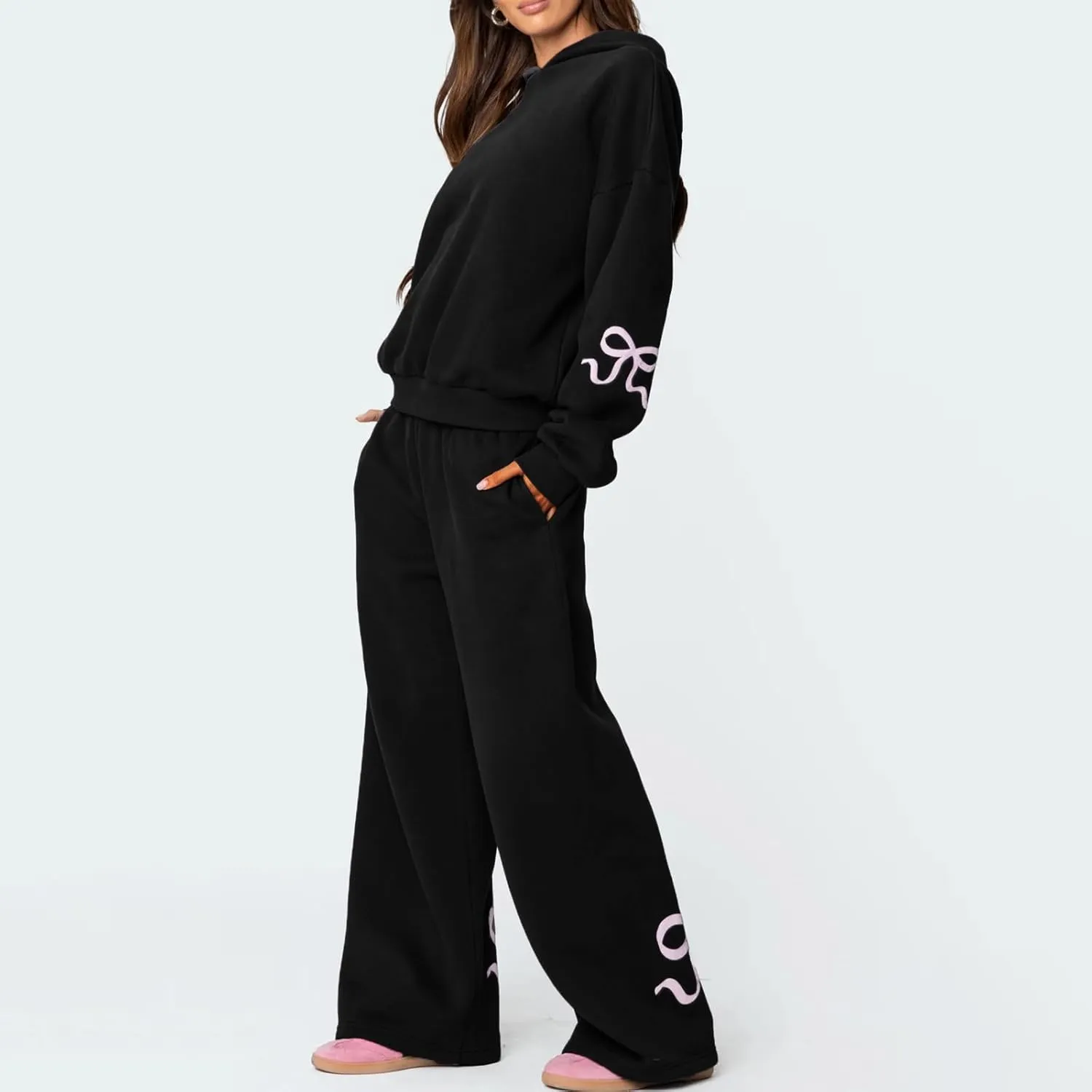 Women Bow Print Sweat Set Long Sleeve Oversized Hoodie Wide Leg Sweatpants 2 Piece Outfits Matching Tracksuit