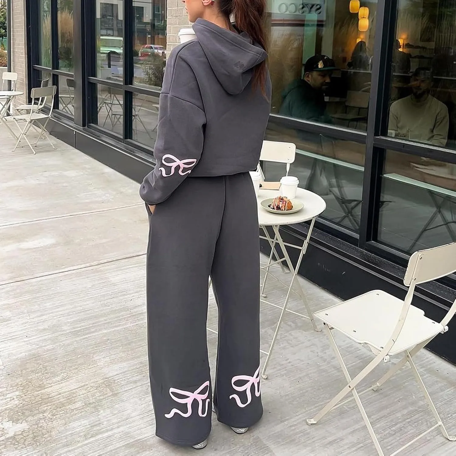 Women Bow Print Sweat Set Long Sleeve Oversized Hoodie Wide Leg Sweatpants 2 Piece Outfits Matching Tracksuit