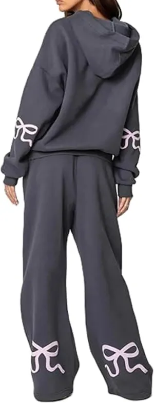 Women Bow Print Sweat Set Long Sleeve Oversized Hoodie Wide Leg Sweatpants 2 Piece Outfits Matching Tracksuit