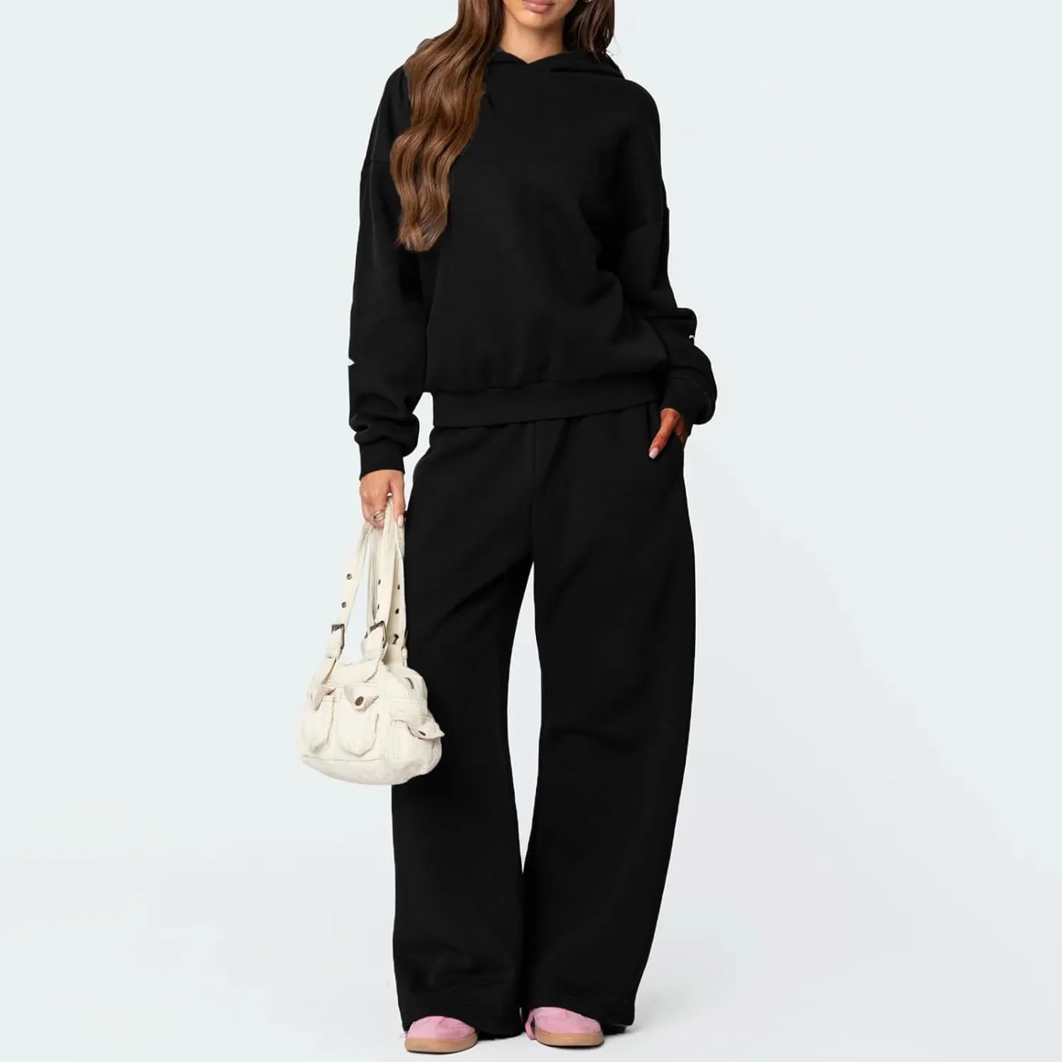Women Bow Print Sweat Set Long Sleeve Oversized Hoodie Wide Leg Sweatpants 2 Piece Outfits Matching Tracksuit