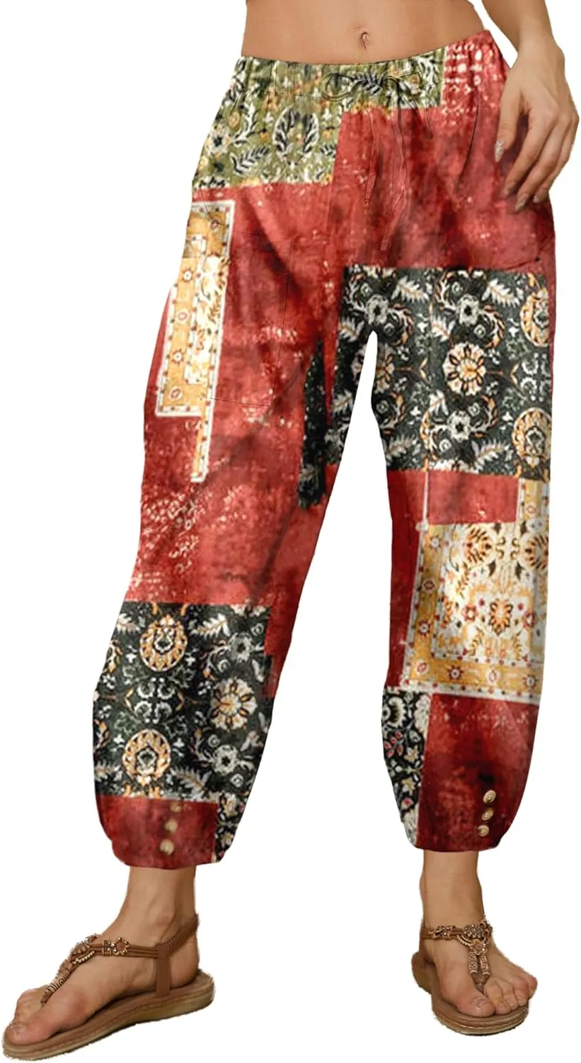 Women Capri Pants Casual Drawstring Elastic High Waist Baggy Wide Leg Cropped Pants Trousers for Ladies SummerS-3XL