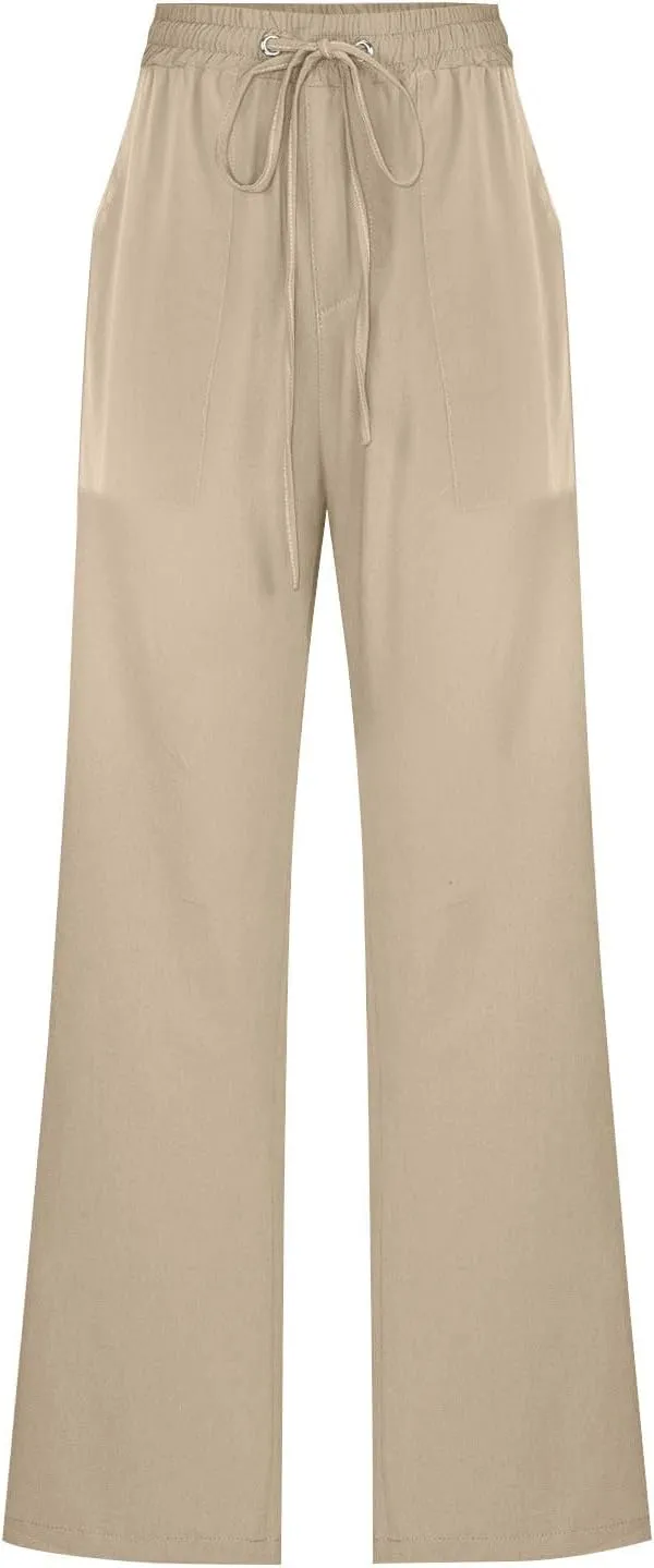 Women Cotton Linen Pants Summer Casual Drawstring Solid Lounge Long Trousers High Waist Straight Leg Comfy Work Pant