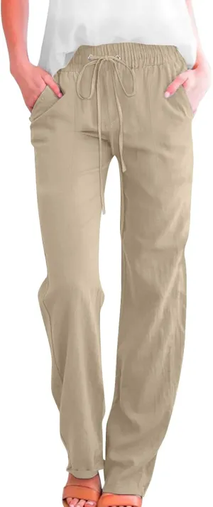 Women Cotton Linen Pants Summer Casual Drawstring Solid Lounge Long Trousers High Waist Straight Leg Comfy Work Pant