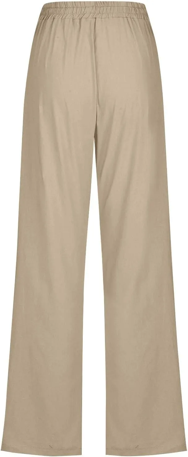 Women Cotton Linen Pants Summer Casual Drawstring Solid Lounge Long Trousers High Waist Straight Leg Comfy Work Pant