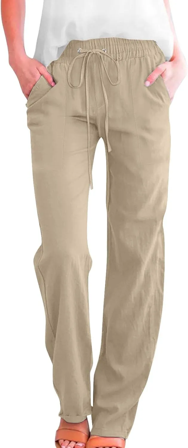 Women Cotton Linen Pants Summer Casual Drawstring Solid Lounge Long Trousers High Waist Straight Leg Comfy Work Pant
