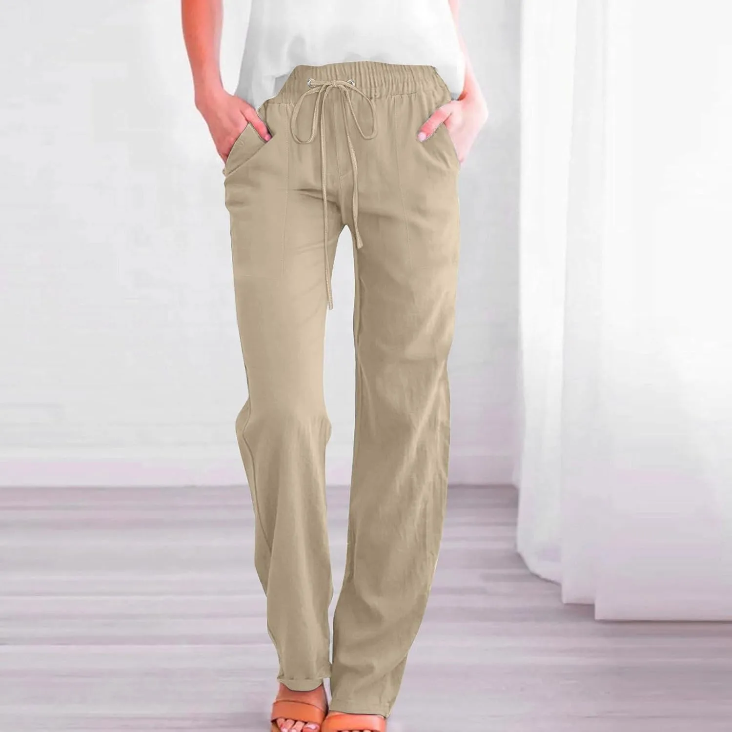 Women Cotton Linen Pants Summer Casual Drawstring Solid Lounge Long Trousers High Waist Straight Leg Comfy Work Pant