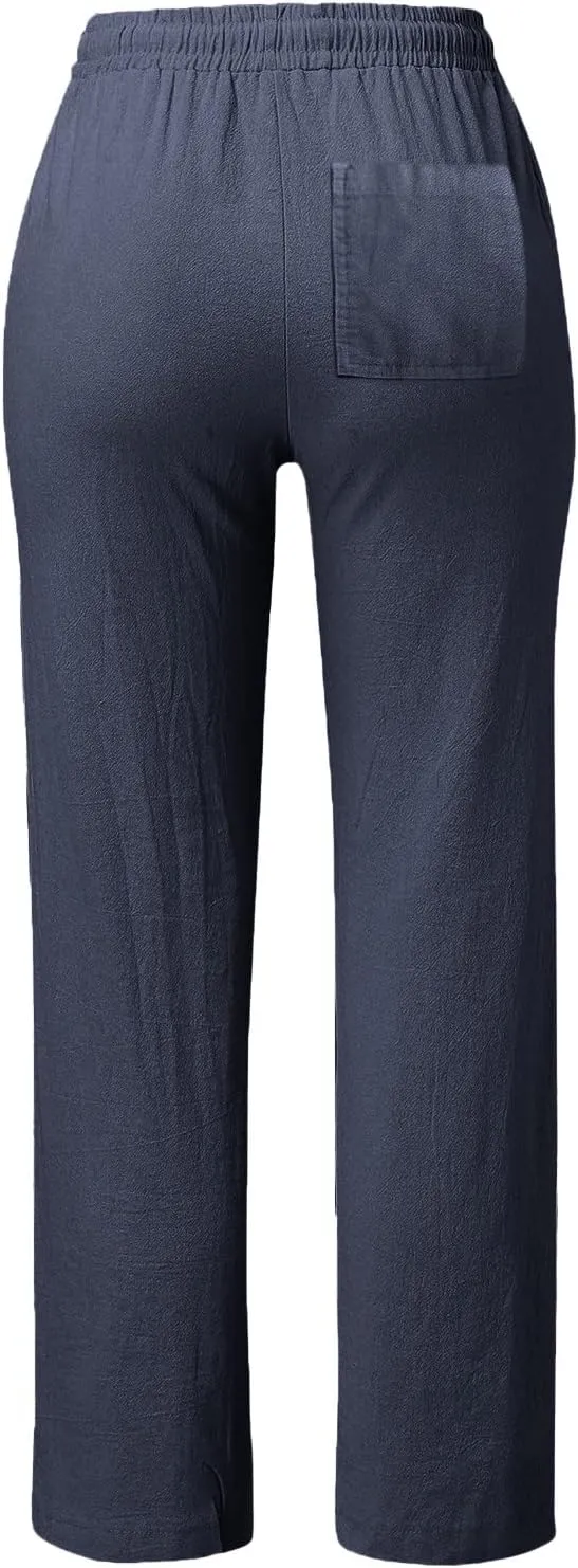Women Cotton Linen Summer Fashion Palazzo Pants Elastic Waisted Stretchy Plus Size Palazzo Lounge Pants Beach