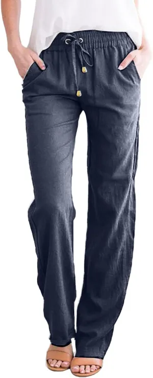 Women Cotton Linen Summer Fashion Palazzo Pants Elastic Waisted Stretchy Plus Size Palazzo Lounge Pants Beach