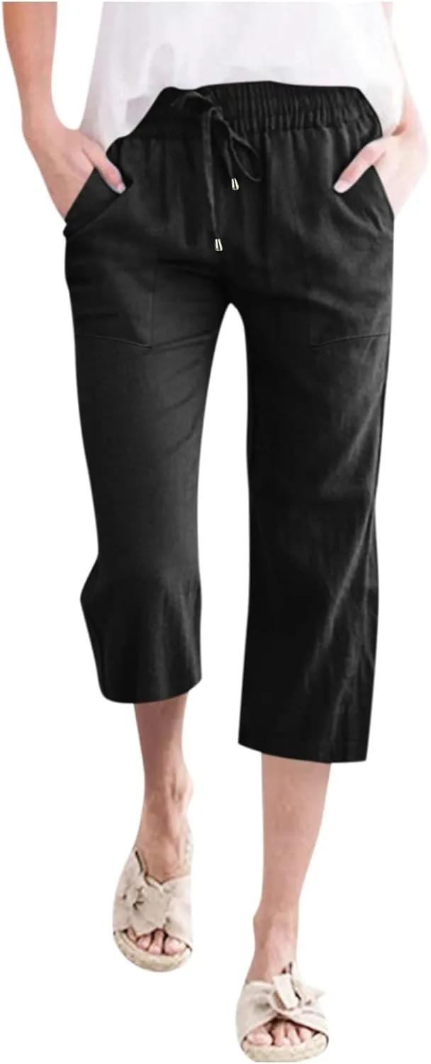 Women Cotton Linen Summer Tie Knot Palazzo Pants Elastic Waist Wide Leg Slim Fit Trouser Trendy