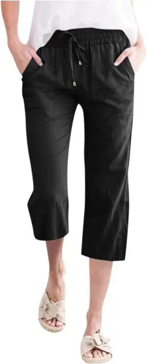 Women Cotton Linen Summer Tie Knot Palazzo Pants Elastic Waist Wide Leg Slim Fit Trouser Trendy
