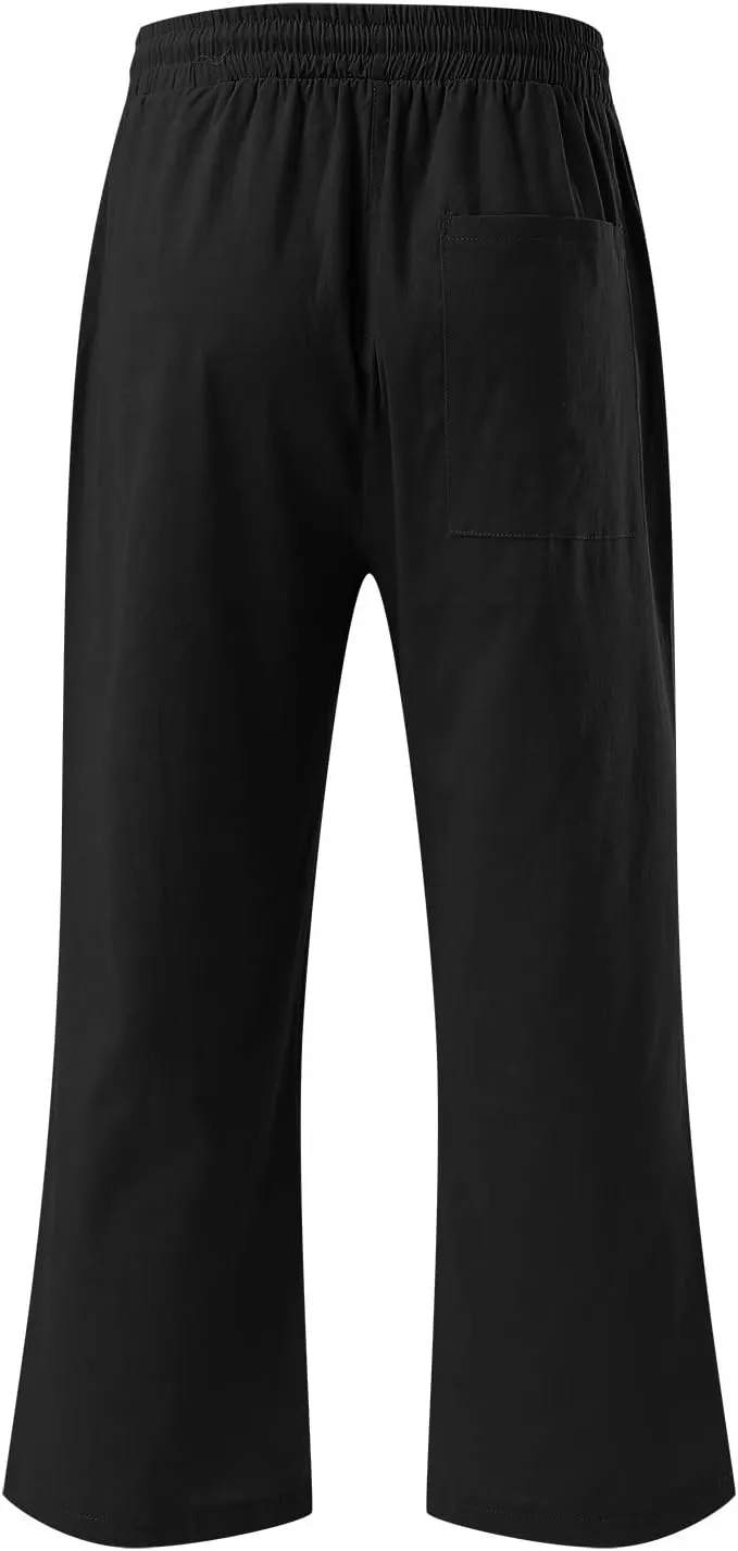 Women Cotton Linen Summer Tie Knot Palazzo Pants Elastic Waist Wide Leg Slim Fit Trouser Trendy