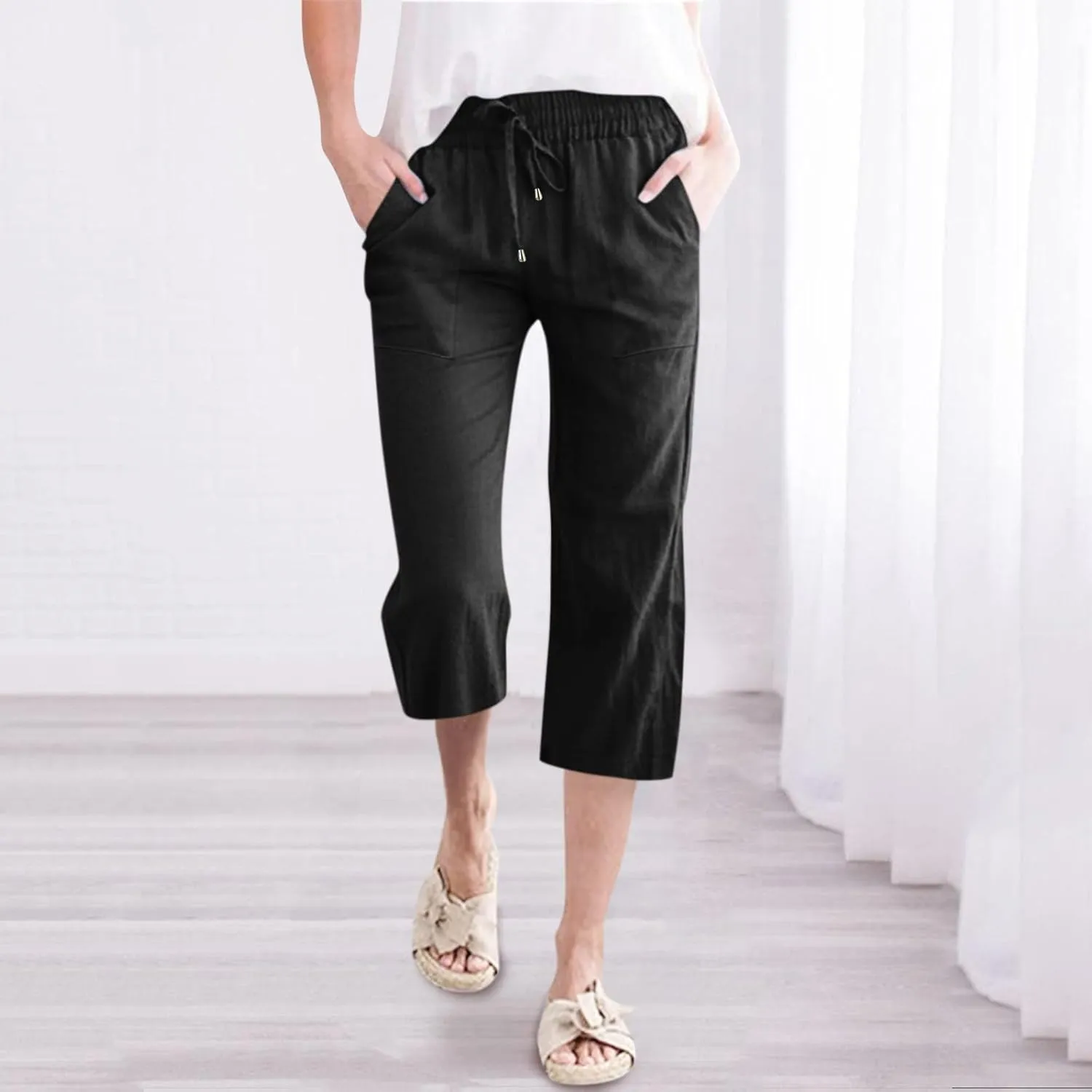 Women Cotton Linen Summer Tie Knot Palazzo Pants Elastic Waist Wide Leg Slim Fit Trouser Trendy