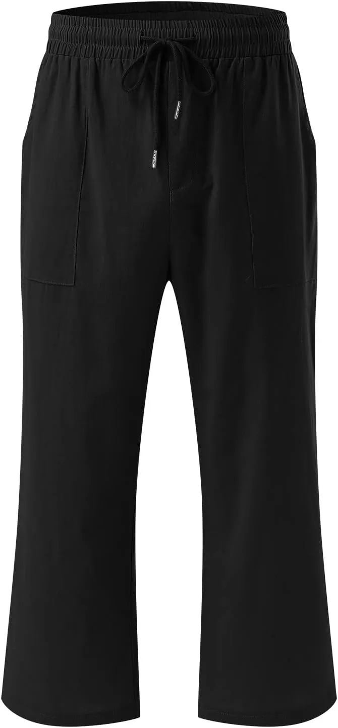 Women Cotton Linen Summer Tie Knot Palazzo Pants Elastic Waist Wide Leg Slim Fit Trouser Trendy