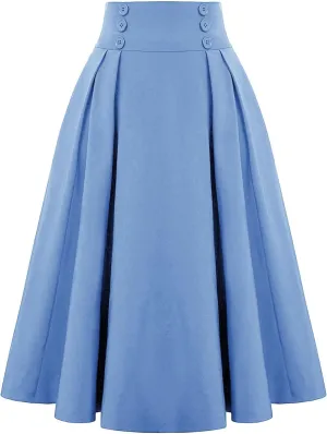 Women High Waisted Flared Skirt Pleated Midi Skirt A-Line Elastic Maxi Skirts Swing Business Work Vintage Flowy Skirt