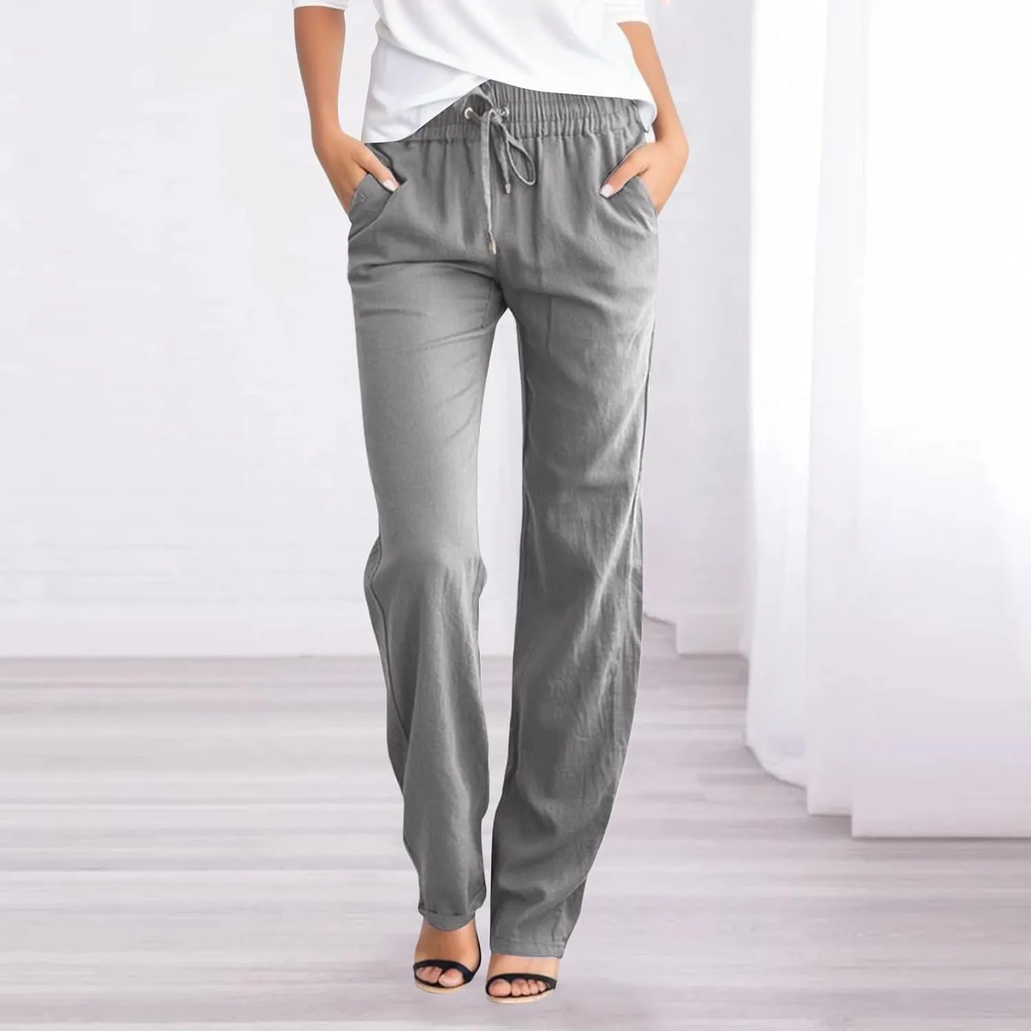 Women Linen Blend Summer Boho Palazzo Lounge Pants Elastic Waist Lounge Pants Slim-Fit Pants Work Business