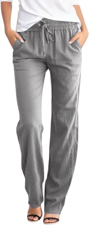 Women Linen Blend Summer Boho Palazzo Lounge Pants Elastic Waist Lounge Pants Slim-Fit Pants Work Business