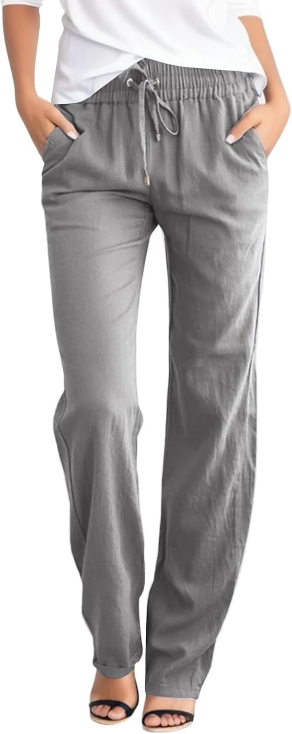 Women Linen Blend Summer Boho Palazzo Lounge Pants Elastic Waist Lounge Pants Slim-Fit Pants Work Business