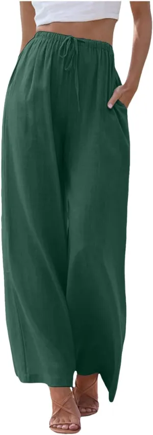 Women Linen Blend Summer Casual Flowy Pants Elastic Waist Wide Leg Loose Fit Trousers Vacation