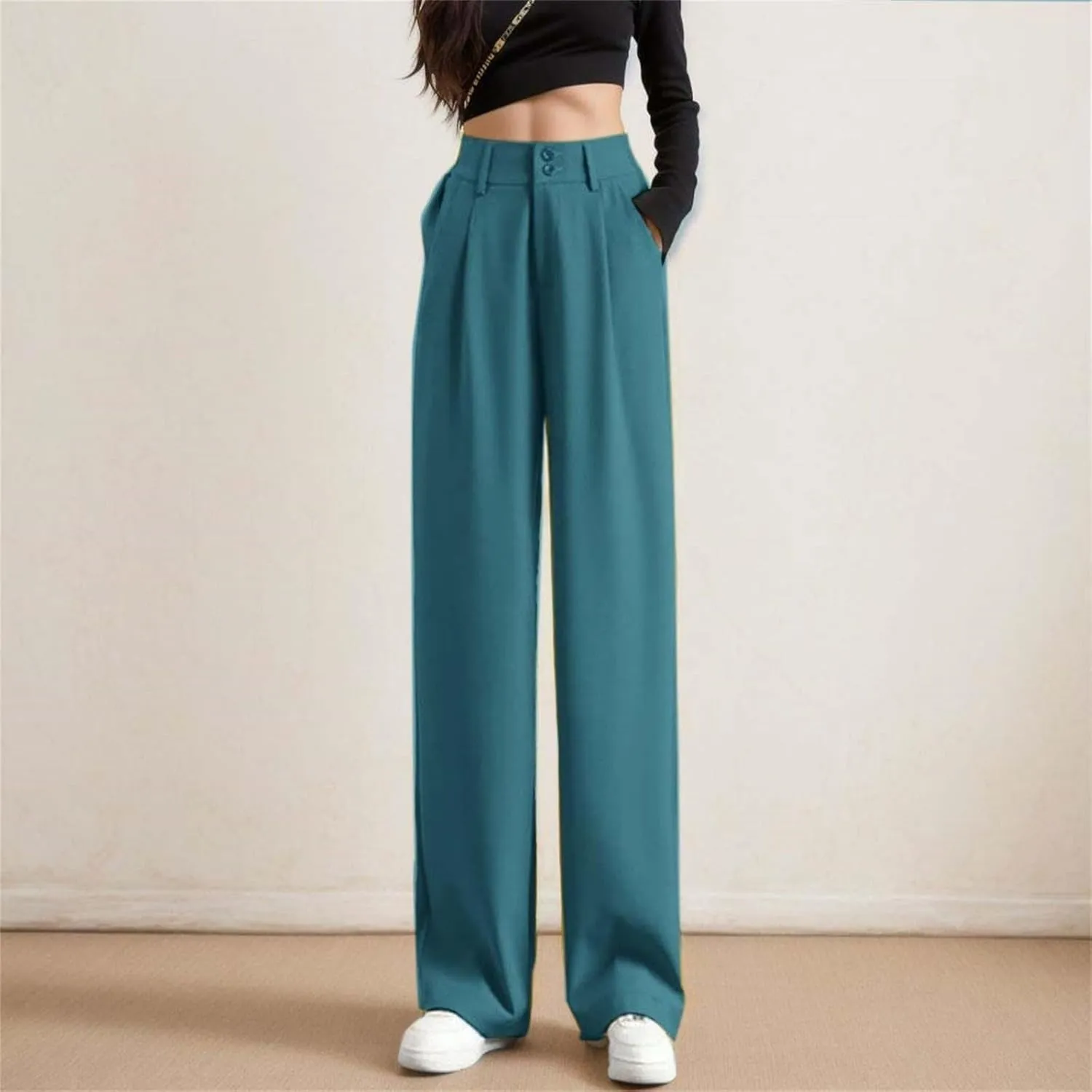 Women Linen Blend Summer Comfy Palazzo Pants Low Waist Wide Leg Loose Fit Palazzo Pants Work Business