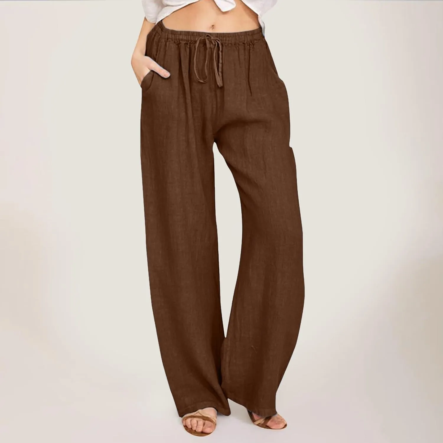 Women Linen Blend Summer Split Flowy Pants High Waist Wide Leg Slim Fit Trousers Work Business
