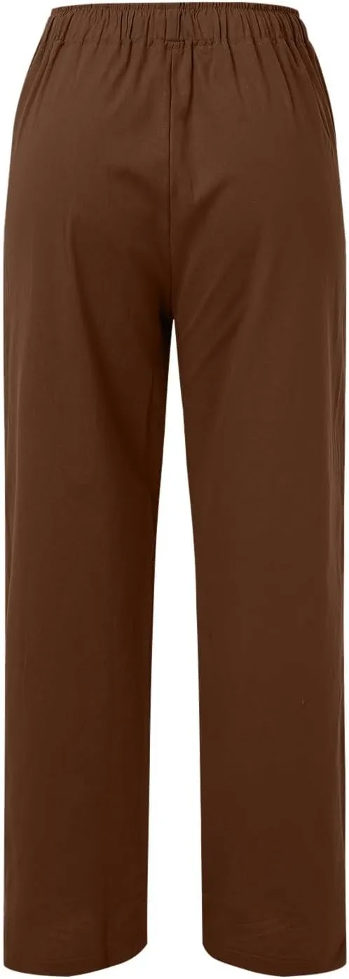 Women Linen Blend Summer Split Flowy Pants High Waist Wide Leg Slim Fit Trousers Work Business