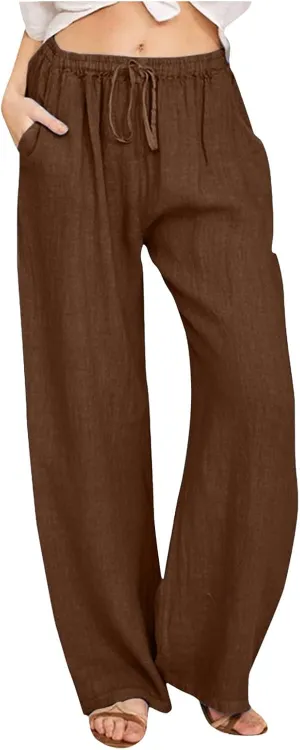 Women Linen Blend Summer Split Flowy Pants High Waist Wide Leg Slim Fit Trousers Work Business