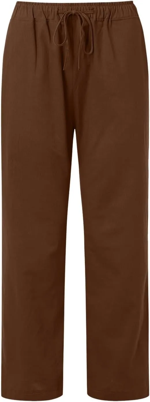 Women Linen Blend Summer Split Flowy Pants High Waist Wide Leg Slim Fit Trousers Work Business
