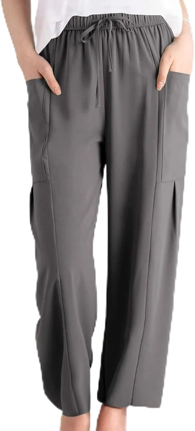 Women Linen Palazzo Pants Summer Boho Wide Leg High Waist Drawstring Casual High Waist Lounge Pant Trousers Pockets