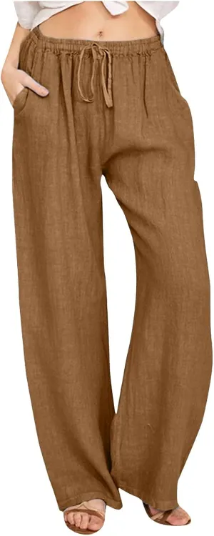 Women Linen Summer Boho Pants High Waist Long Lounge Slim-Fit Pants Business Work