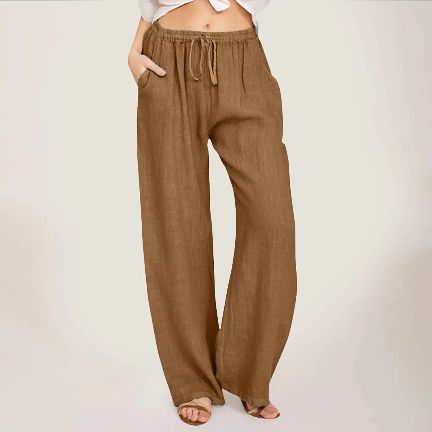 Women Linen Summer Boho Pants High Waist Long Lounge Slim-Fit Pants Business Work