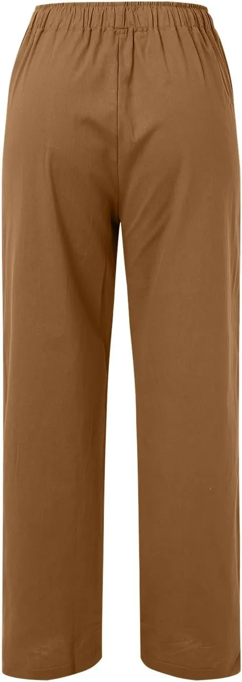 Women Linen Summer Boho Pants High Waist Long Lounge Slim-Fit Pants Business Work
