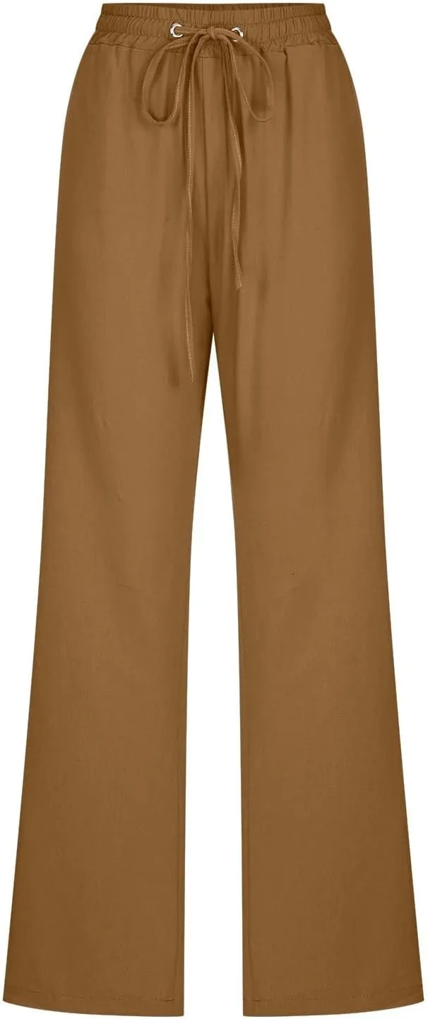 Women Linen Summer Letter Patched Pant Trousers High Waist Stretchy Straight Slim-Fit Palazzo Pants Business Work